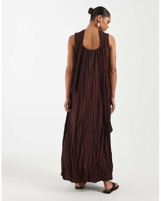 ASOS Brown Crinkle Scoop Neck Maxi Dress With Scarf Detail
