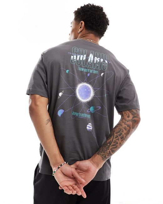 T-shirt oversize grigia con stampa di sistema solare sul retro di Only & Sons in Black da Uomo