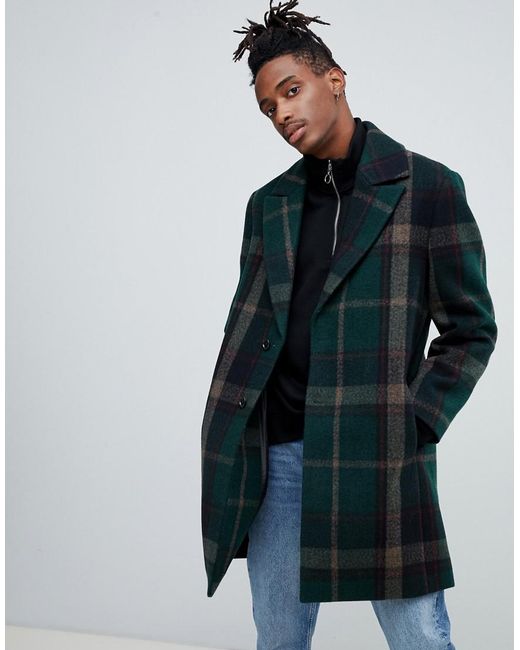ASOS Wool Mix Overcoat With Peak Lapel In Green Check for men