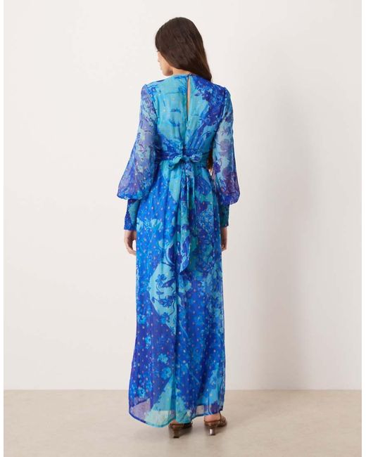 Hope & Ivy Blue V Neck Button Front Long Sleeved Maxi Dress