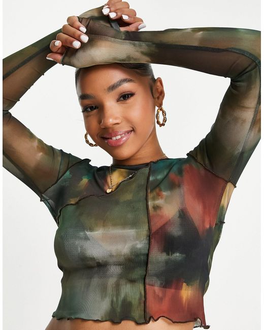 Pull&Bear Mesh Long Sleeve Crop Top in Green Lyst