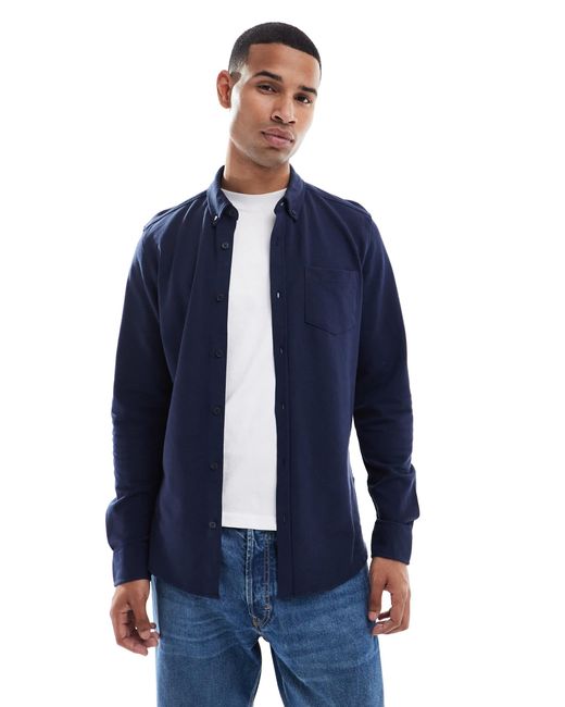 Threadbare Blue Cotton Mix Long Sleeve Pique Shirt for men