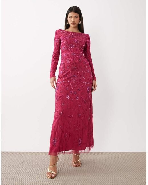 Beauut Red Fully Embellished Beaded Mesh Overlay Slash Neck Maxi Dress