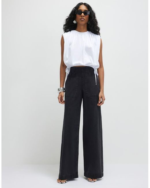 River Island White Pull On Elasticated Wide Leg Jeans