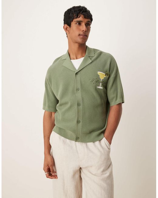 ASOS Green Relaxed Boxy Fit Knitted Button Through Polo With Margarita Embroidery for men