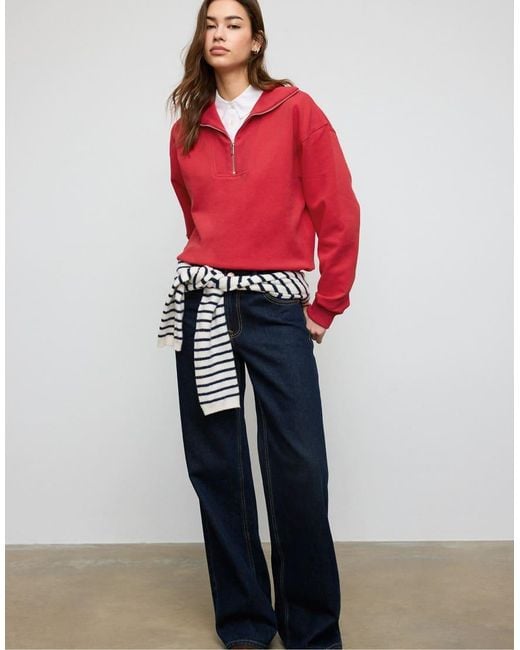 Stradivarius Red High-neck Zip-up Sweatshirt