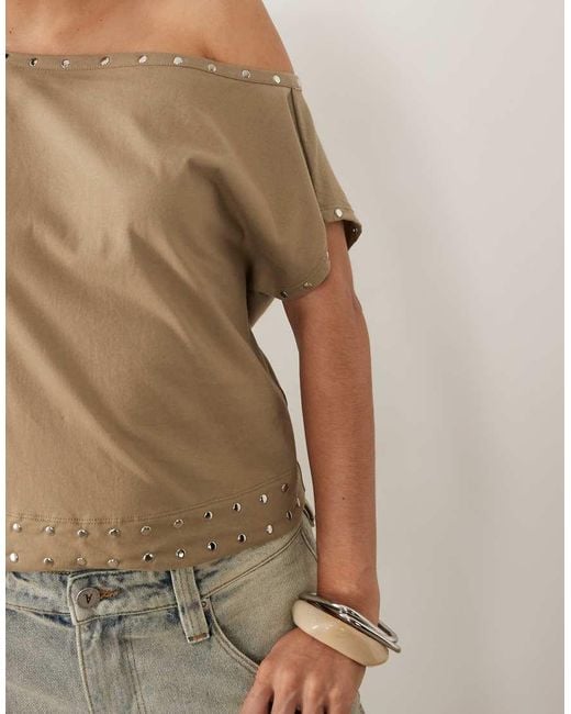 Motel Natural Damaria Off The Shoulder Stud Detail Top
