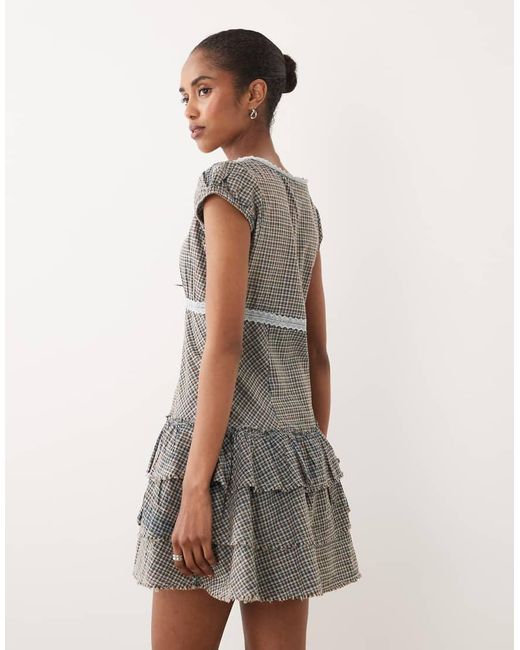 ASOS Gray V Neck Mini Tea Dress With Puff Sleeve
