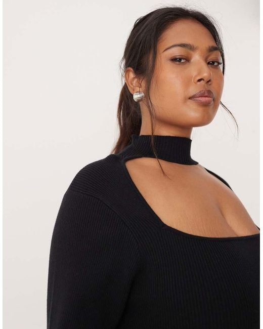 Pretty Lavish Curve Black Knitted Square Neck Choker Detail Maxi Dress