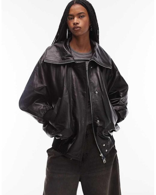 Mango Black Leather Oversized Bomber Jacket