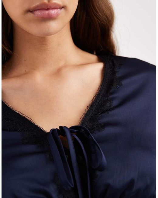 Wednesday's Girl Blue Long Sleeve Satin Lace Detailed Blouse