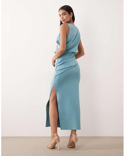 ASOS Blue Draped Structured Midi Dress With Split