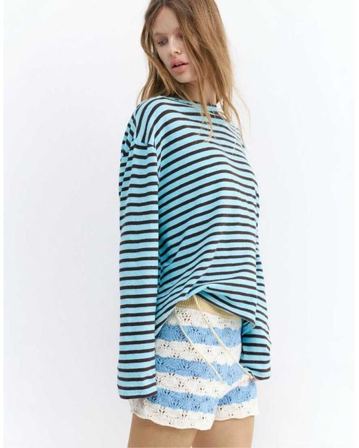 Pull&Bear Blue Striped Crochet Shorts