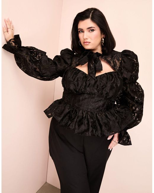 ASOS Black Curve Pussy Bow Puff Sleeve Lace Top