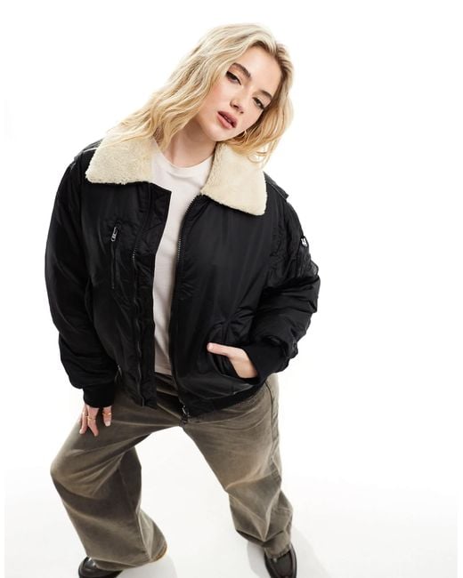 Bershka Shearling Collar Padded Bomber Jacket in Black Lyst