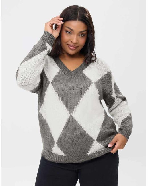 Yours Clothing Gray Diamond V-Neck Jumper
