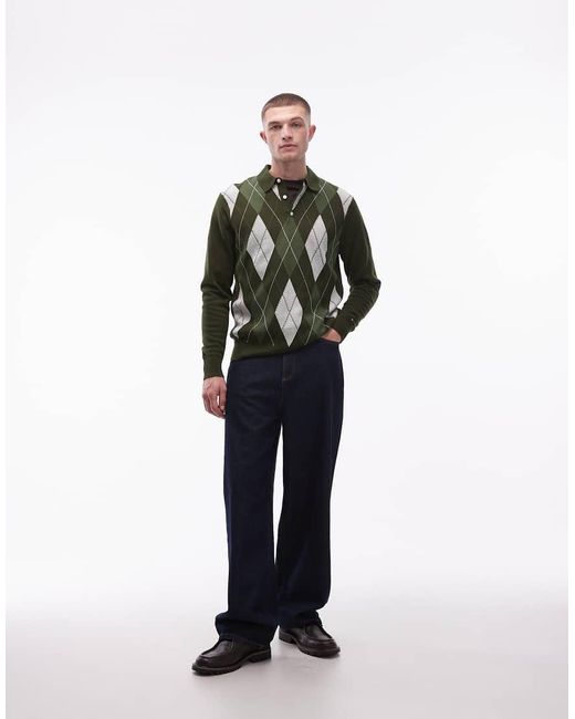Tommy Hilfiger Green Argyle Pattern Long Sleeve Knitted Rugby Polo Shirt for men