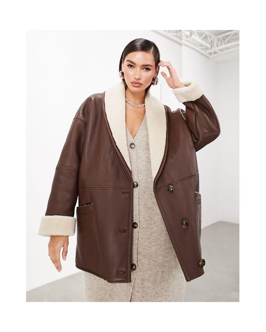 ASOS Brown Oversized Real Leather Borg Lined Jacket