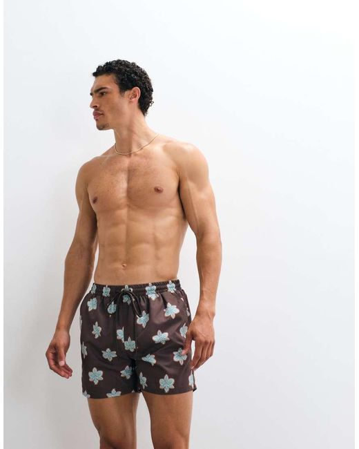 South Beach Brown Flower Motif Swim Shorts for men