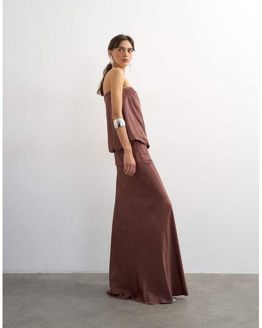 TOPSHOP Brown Satin Dropped Waist Blouson Bandeau Maxi Dress
