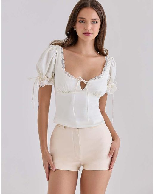 House Of Cb White Elisabetta Ivory Satin Puff Sleeve Lace Trim Top