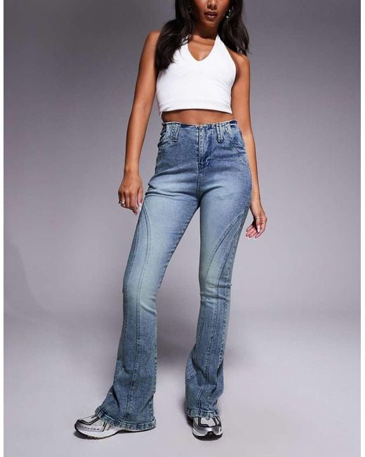 Liquor N Poker Blue Stitch Detail Mid Rise Flare Jeans