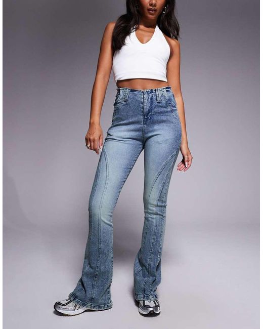 Liquor N Poker Blue Stitch Detail Mid Rise Flare Jeans