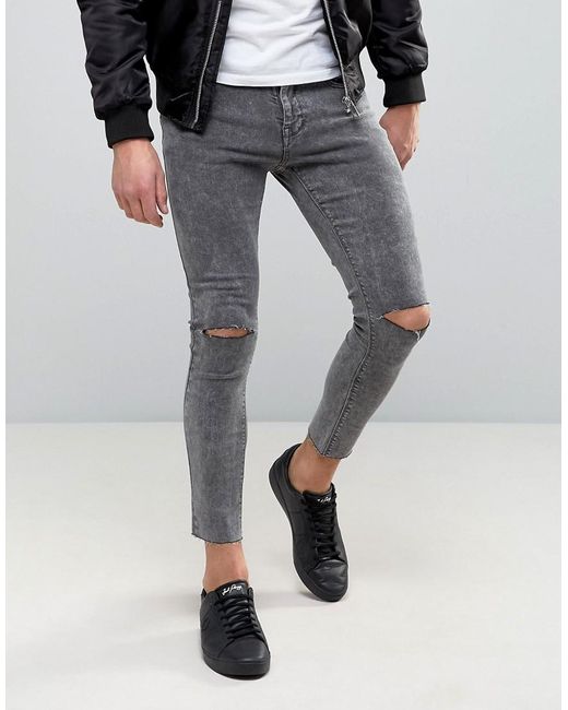 Pull&Bear Black Super Skinny Cropped Jeans With Rips In Gray for men