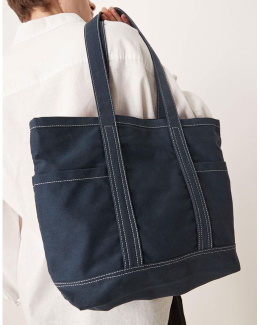 ASOS Blue Canvas Tote Bag With Top Stitching for men