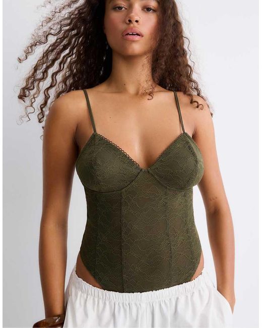 Stradivarius Green Bodysuit With Lace Straps