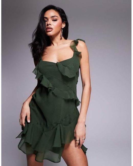 ASOS Green Raw Edge Frill Mini Dress With Tie Back