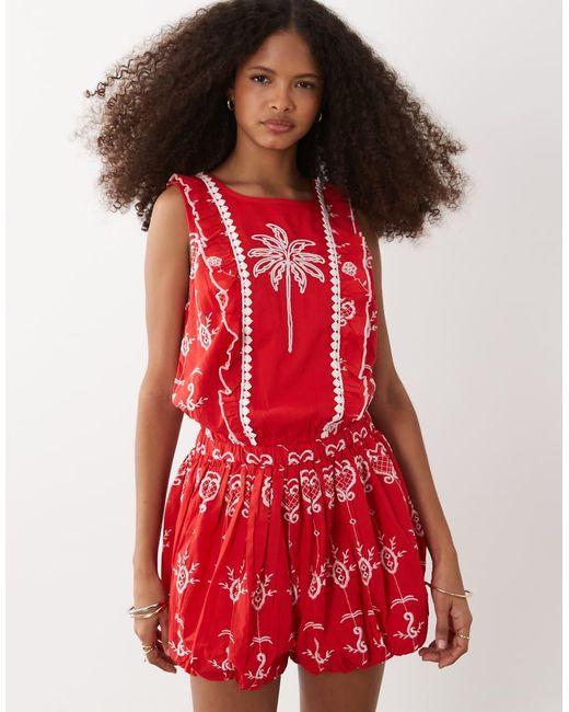 River Island Red Cutwork Ruffle Playsuit