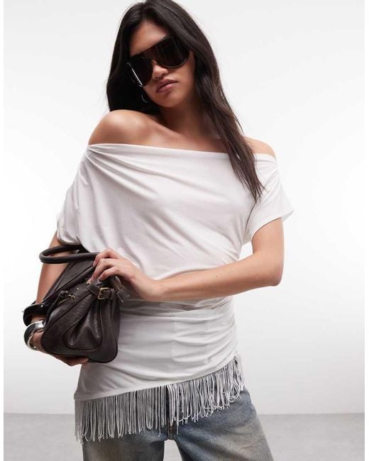 Reclaimed Vintage Gray Jersey Off Shoulder Top With Fringing