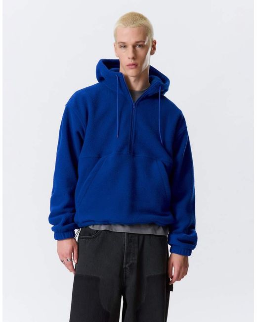 Weekday Blue Borg Fleece Half Zip Hoodie With Elasticated Hem for men