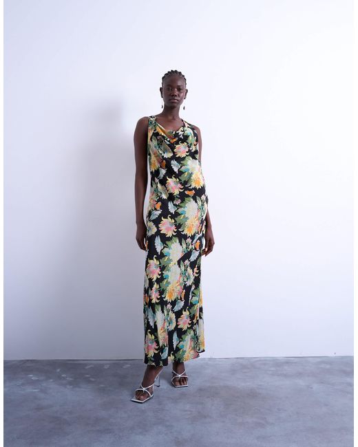 Robe longue à imprimé fleuri vintage avec col montant bénitier et coutures contrastantes TOPSHOP en coloris White