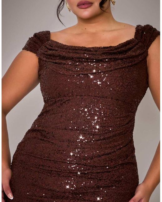 Goddiva Brown Curve Cap Sleeve Iridescent Sequin Cowl Maxi Dress