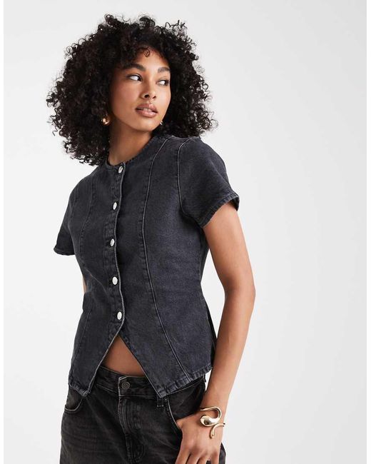 Top Di Jeans A Maniche Corte Con Bottoni Slavato di ASOS in Blue