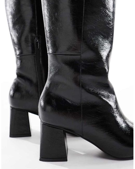 London Rebel Black Nova Block Heeled Knee Boots