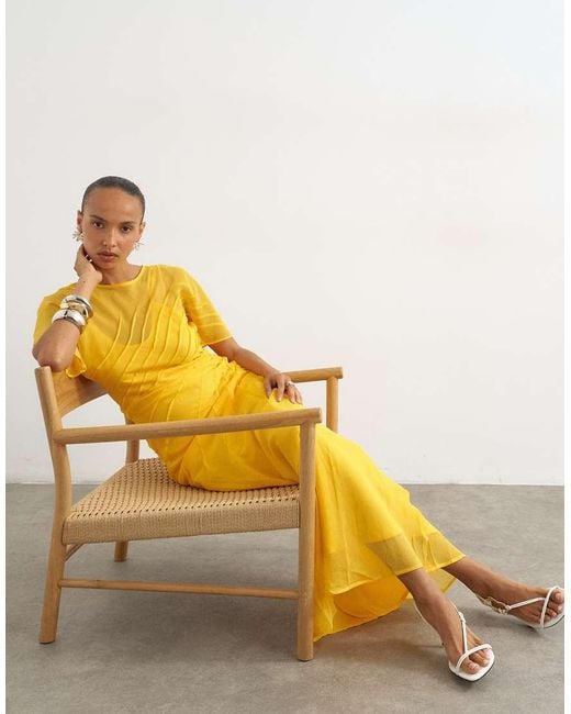 TOPSHOP Yellow Sheer Chiffon Maxi Dress With Pintuck Details