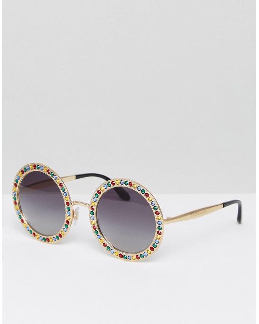 Dolce & Gabbana Metallic Over Sized Round Sunglasses In Gold And Multi Jewels
