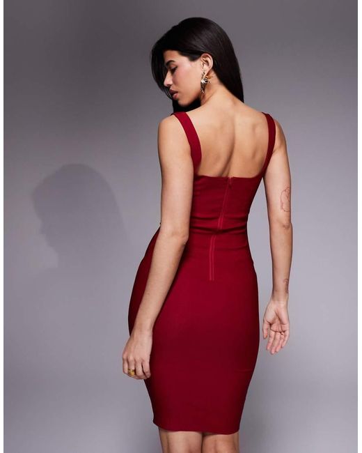 Vesper Red Bengaline Square Neck Bodycon Midi Dress