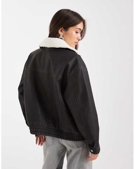 Hollister Black Sherpa Collar Faux Leather Bomber Jacket