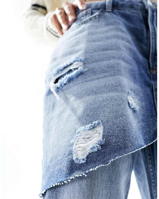 Miss Selfridge Jeans Met Rechte Pijpen En Denim Mini Overrok in het Blue