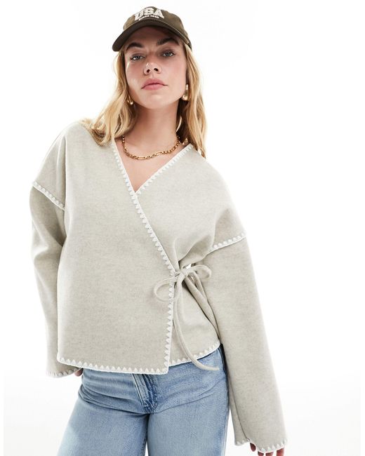 Vila Gray Wrap Front Cardigan With Contrast Stitch