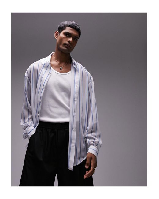 Topman Gray Long Sleeve Oversized Sheer Striped Shirt for men