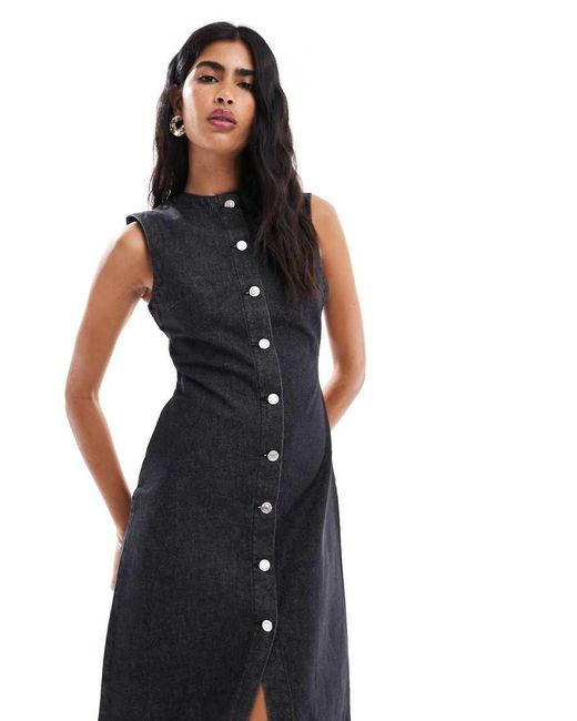 ASOS Denim Maxi-Jurk Met Ronde Hals En Knoopsluiting Aan De Voorkant in het Black