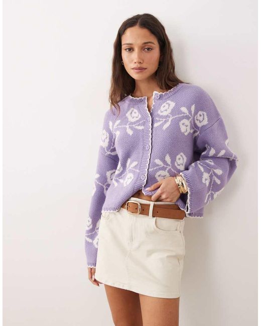Miss Selfridge Purple Knitted Blanket Stitch Cardigan With Florals