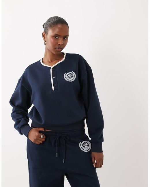 GOOD AMERICAN Blue Brushed Fleece Long Sleeve Henley Top