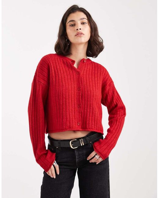 ASOS Red Knitted Roll Trim Wide Rib Cardigan