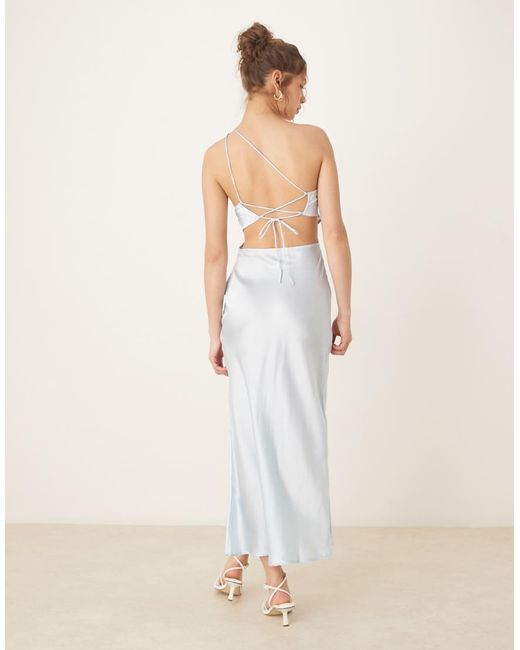 Vestido Lencero Midi Azul Pálido De Tirante Asimétrico Con Ribete De Encaje De ASOS de color White